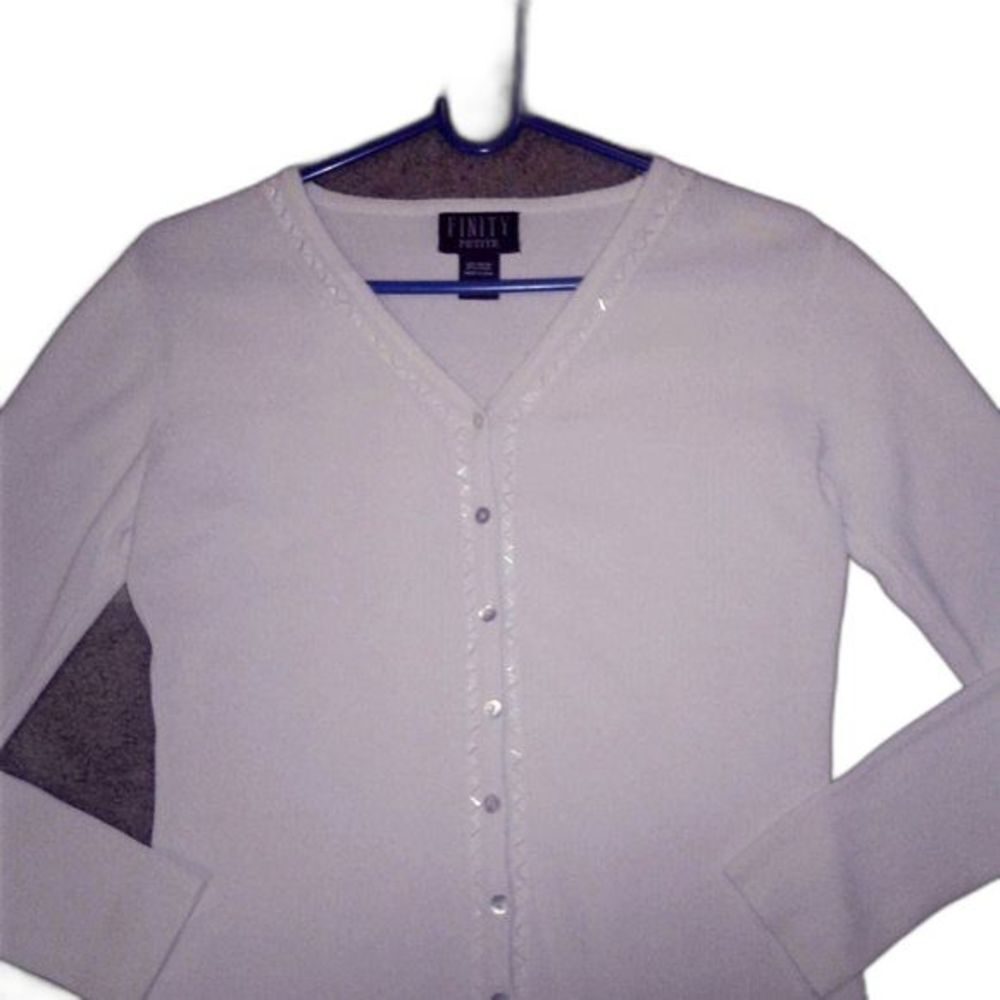Finity Petite Long Sleeve White Beaded Cardigan Size: PS